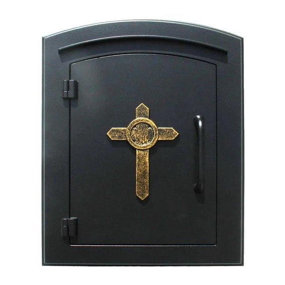 QualArc MAN-S-1403-BL 12 in. Manchester Security Drop Chute Mailbox with Decorative Cross Logo Faceplate in Black