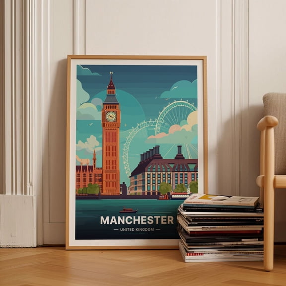 Manchester Skyline Travel Poster, England Cityscape Wall Art, Uk Urban Decor, Home And Office Decoration Wall Art, Modern Wall Decor, 16x24 UNFRAMED