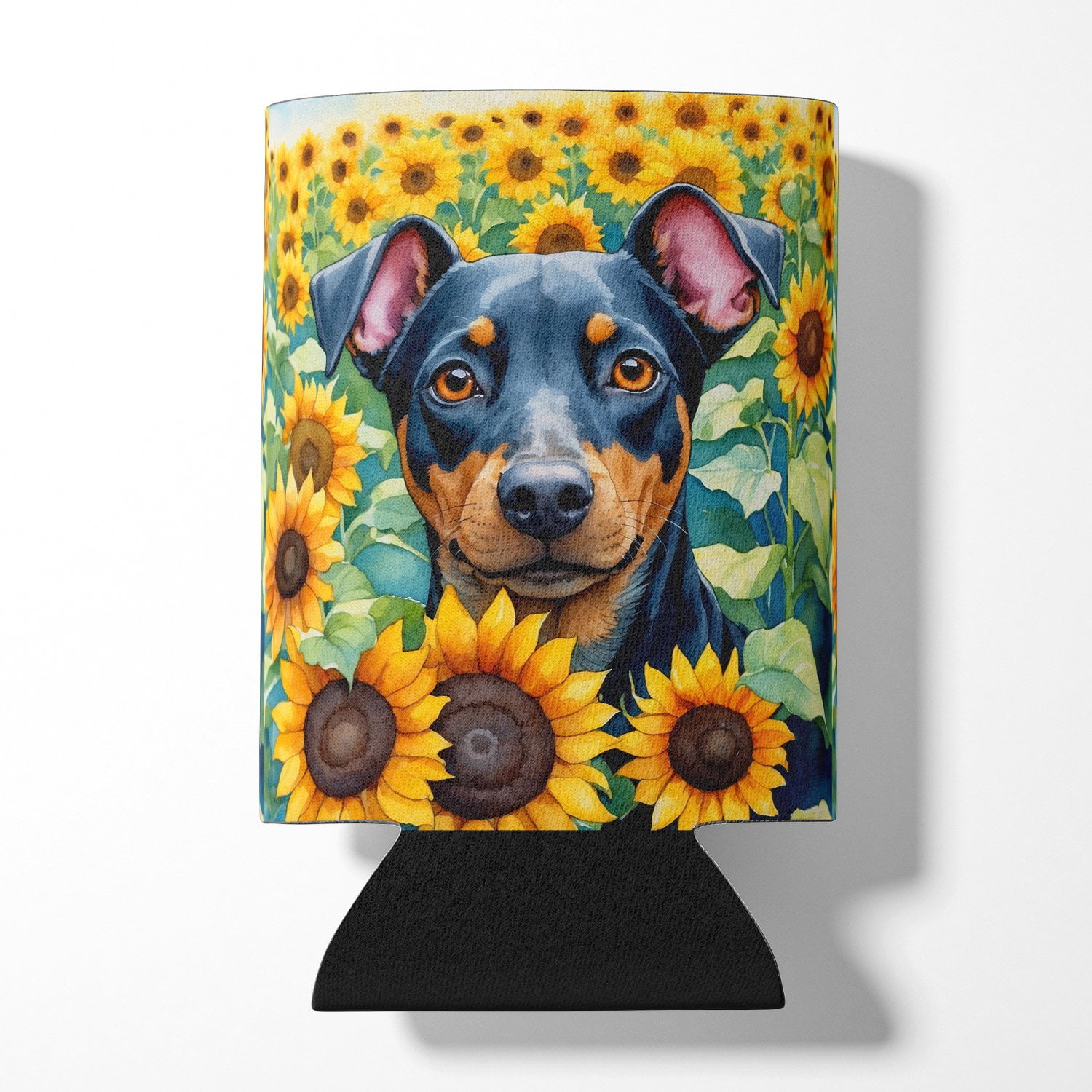 Manchester Terrier in Sunflowers Can or Bottle Hugger 3 in x 5 in