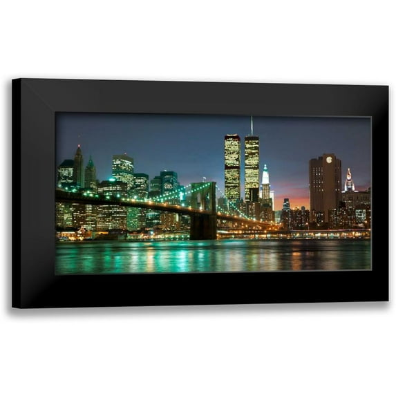 Mancini, Barry 18x11 Black Modern Framed Museum Art Print Titled - The Brooklyn Bridge and Twin Towers at Night