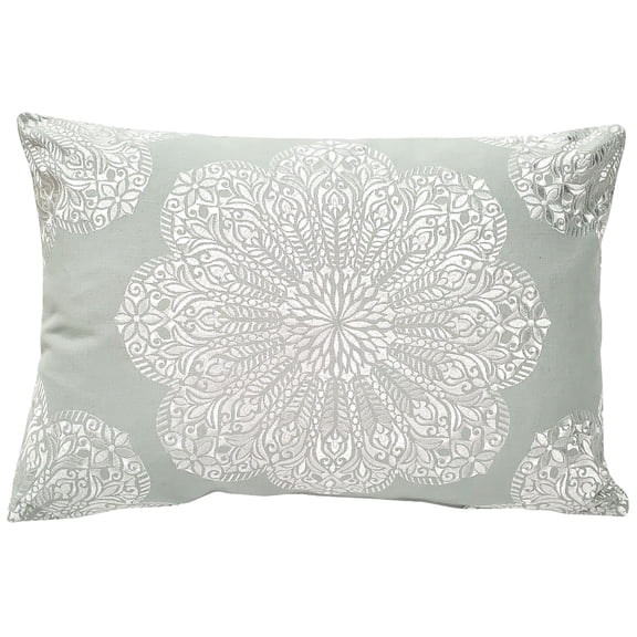 Mancini Medallion Embroidered 16x24 Throw Pillow, Blue Slate and Silver, Complete with Feather/ Down Pillow Insert
