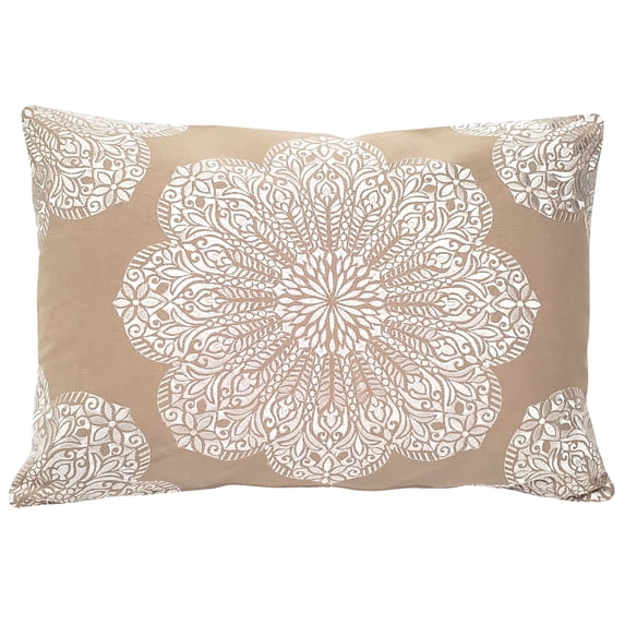 Mancini Medallion Embroidered 16x24 Throw Pillow, Coffee and Cream, Cover Only