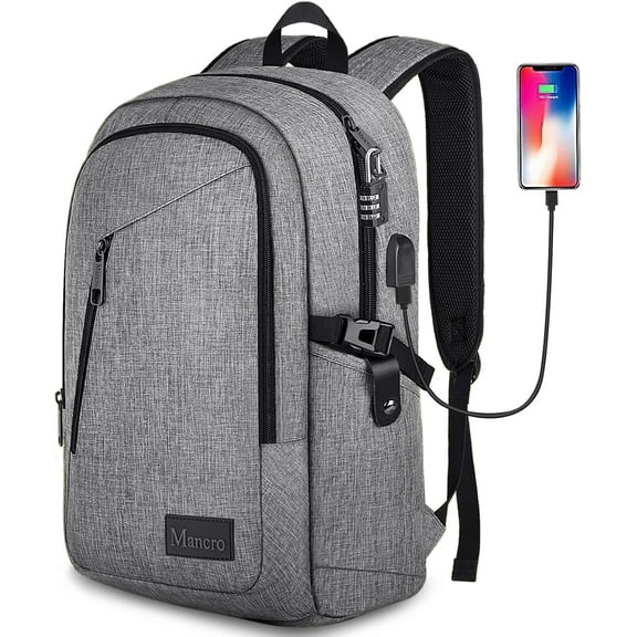 Mancro Laptop Backpack with USB Charging Port & Lock, Water Resistant Carry on Travel Backpack for Men and Women Fits 15.6 in Laptop, Gray