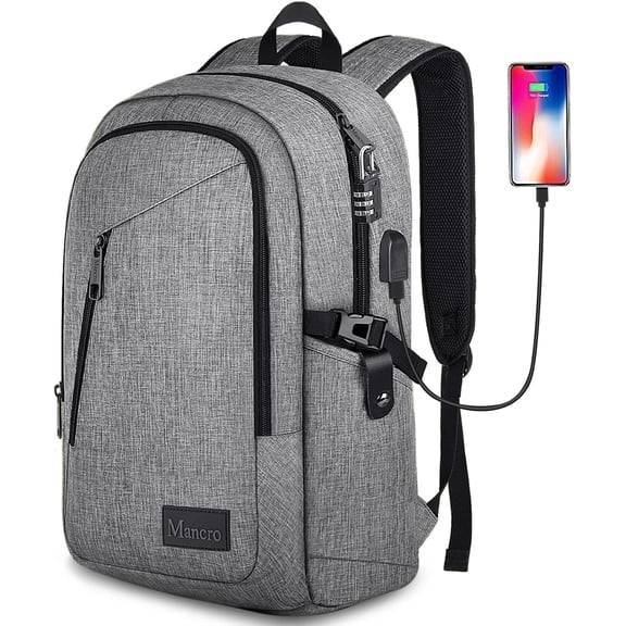 Mancro Laptop Backpack with USB Charging Port & Lock, Water Resistant Carry on Travel Backpack for Men and Women Fits 15.6 in Laptop, Gray