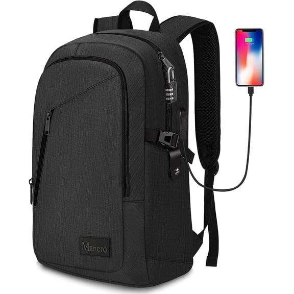 Mancro 15.6in Laptop Backpack, Slim Business Computer Bag with USB Charging Port and Anti-Theft Lock for Men Women, Black