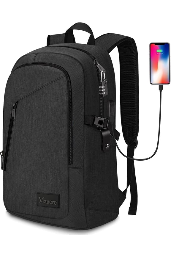 15.6in Laptop Backpack, Slim Business Computer Bag with USB Charging Port and Anti-Theft Lock for Men Women, Black