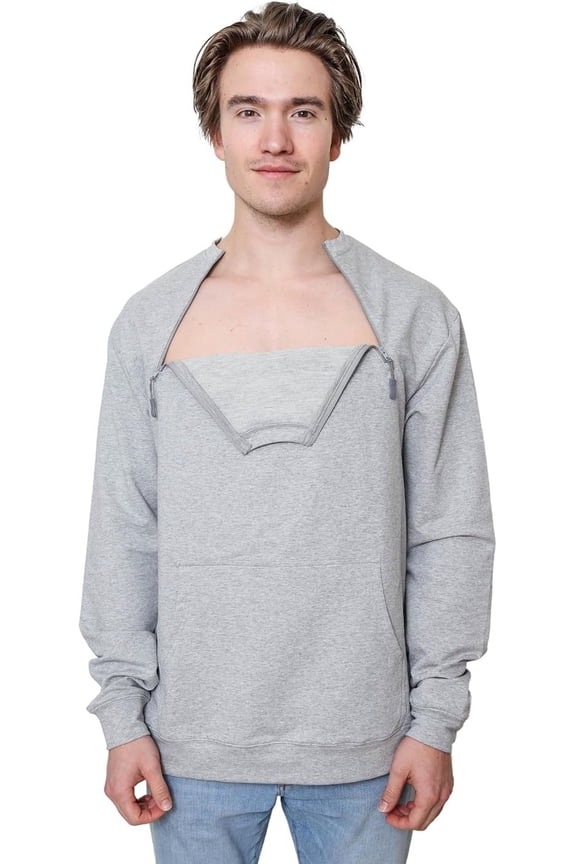 Chest Port Access Warm Sweater with Kangaroo Pocket Unisex, Port & Central Access Sweater for Hemodialysis & Chemotherapy with Dual Zippers