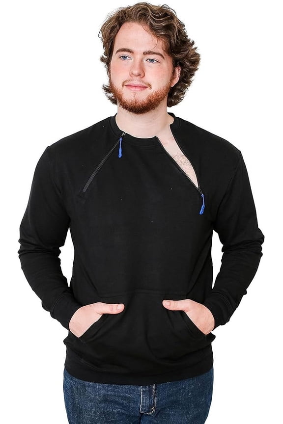 Chest Port Access Warm Sweater with Kangaroo Pocket Unisex, Port & Central Access Sweater for Hemodialysis & Chemotherapy with Dual Zippers