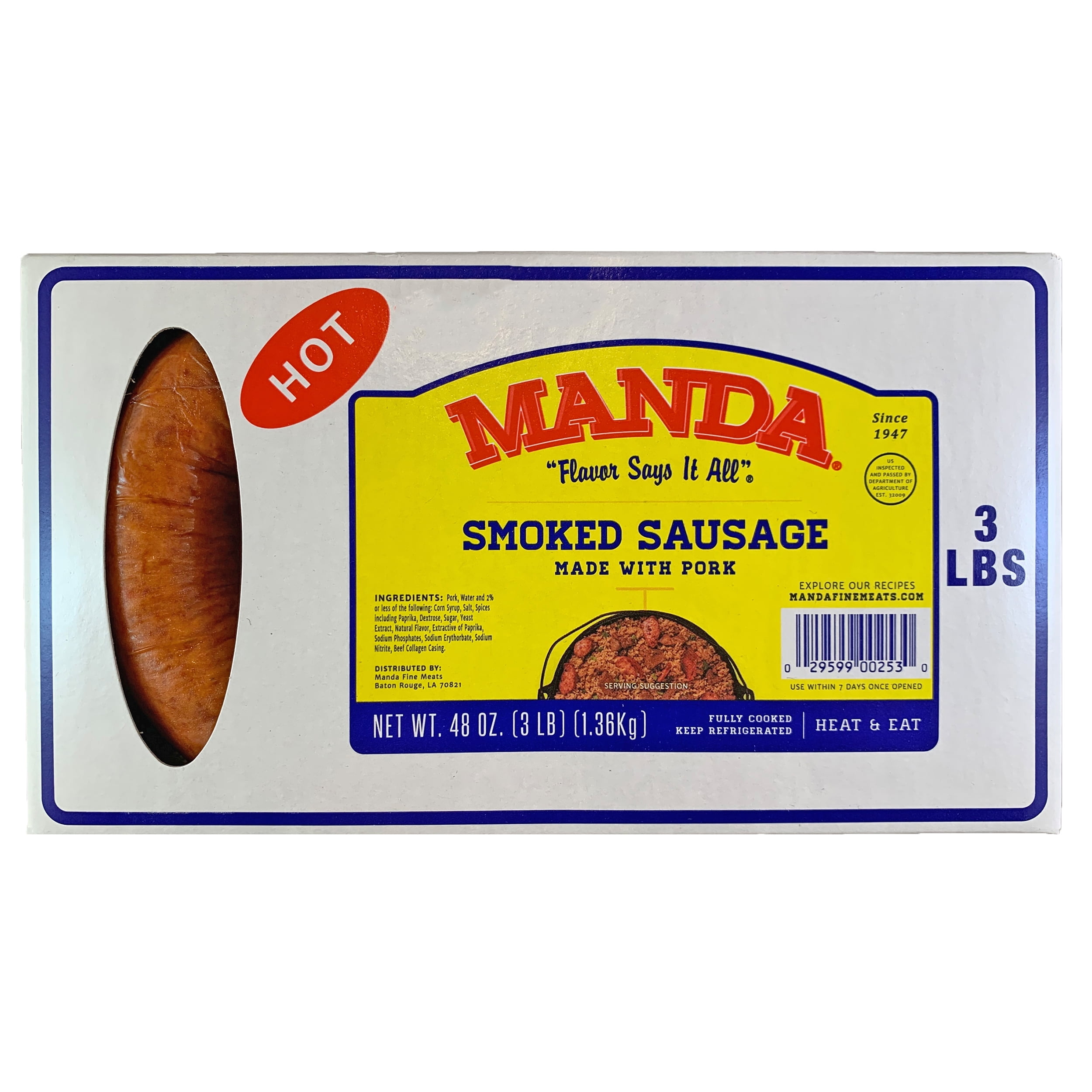 Manda Smoked Pork Sausage, 3 lb Hot (Refrigerated)