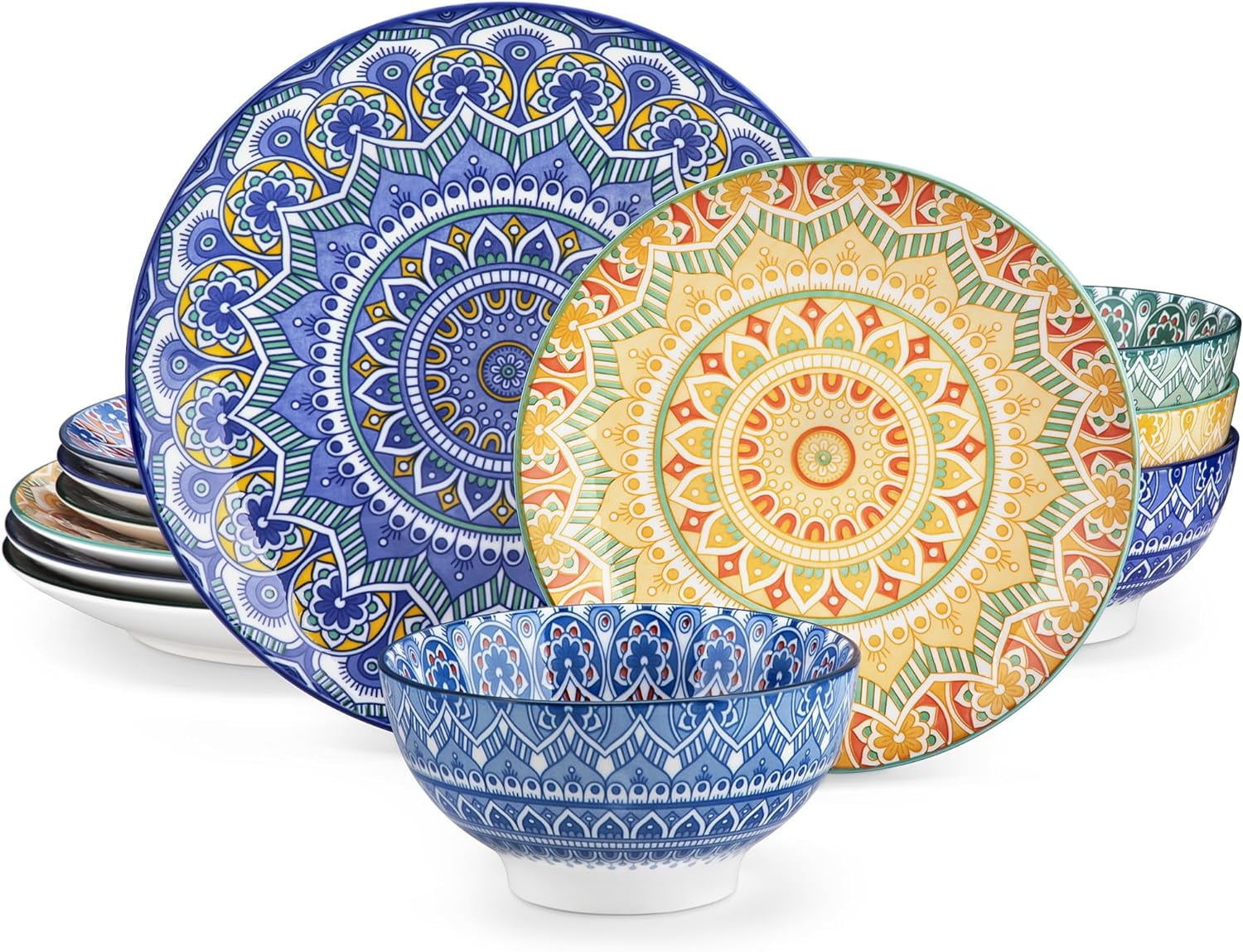 Mandala 12 Pieces Dinnerware Sets, Porcelain Dinner Set for 4, Boho Plates and Bowls Set ...