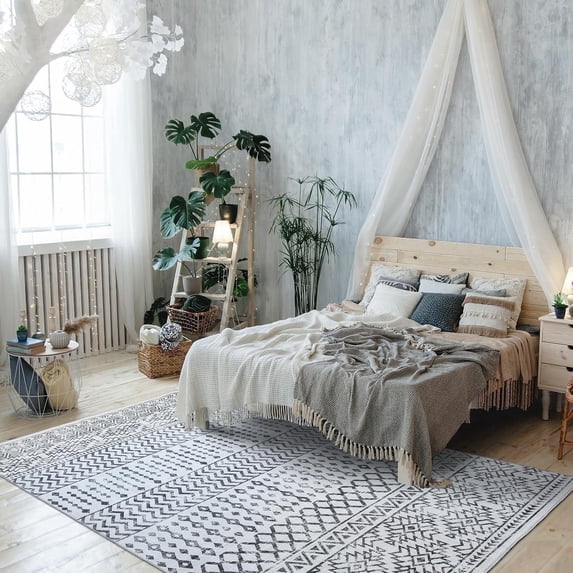 Mandala 8x10 Rug – Ultra-Soft, Geometric Boho Area Rug for Living Room, Office & Bedroom - Non-Shedding Machine Washable Rug – Ivory & Gray