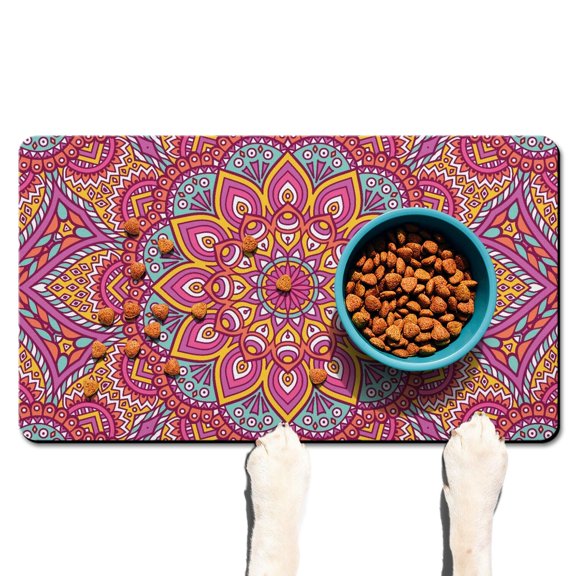 Mandala Abstract Spiritual Zen Dog Food Mat, Durable Absorbent Non-Slip Pet Feeding Mat Quick Dry