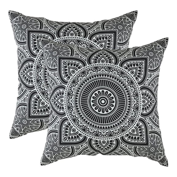 Mandala Accent Spring Summer 16x16 Set of 2 Decorative Throw Pillow Covers 100% Cotton Home Decor Pillowcases for Sofa Couch (Black)