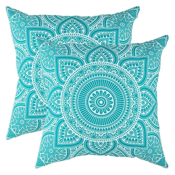 Mandala Accent Spring Summer 20x20 Set of 2 Decorative Throw Pillow Covers 100% Cotton Home Decor Pillowcases for Sofa Couch (Turquoise)