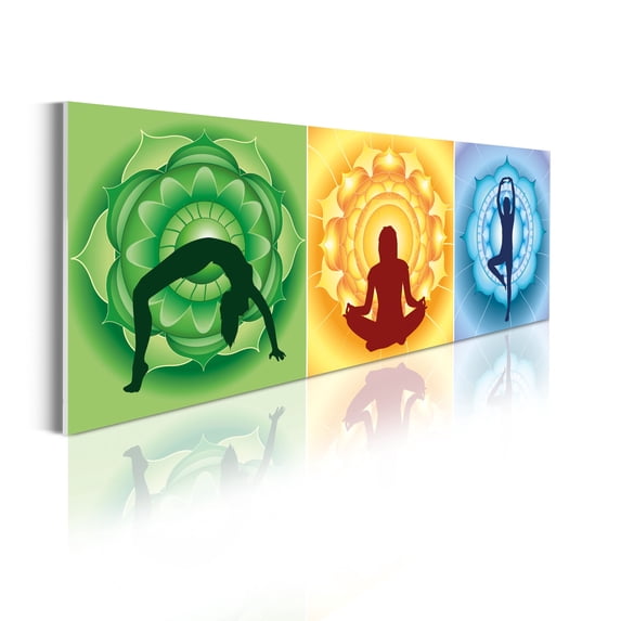 Mandala Acrylic Glass Wall Art, Colorful Silhouettes of Different Yoga Poses on Eastern Floral Back, Panoramic Decor Living Room Bedroom & Dorms, 47" x 16", Burgundy Emerald and Blue, by Ambesonne