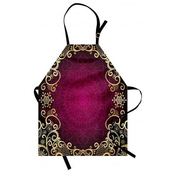Mandala Apron Vintage Frame with Curls Snowflake Motifs Fantastic Abstract Retro, Unisex Kitchen Bib Apron with Adjustable Neck for Cooking Baking Gardening, Fuchsia Pale Yellow Black, by Ambesonne