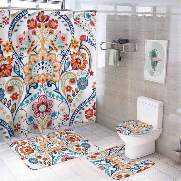 Mandala Bathroom Set, Bathroom 4-piece Set - 29" X 17.5" Mats & 72" Shower Curtain with 12 Hooks, Bath Accessory for Home Use or Bathroom Decor