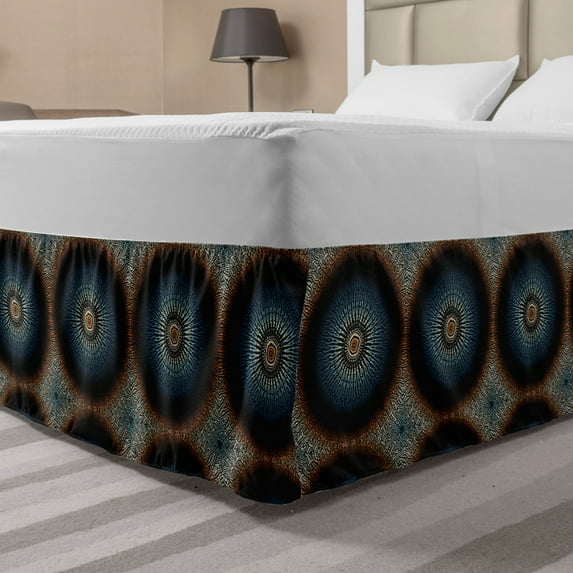 Mandala Bed Skirt, Circular Bohemian Style Circular Dots, Elastic Bedskirt Dust Ruffle Wrap Around for Bedding Decor, 4 Sizes, Multicolor, by Ambesonne