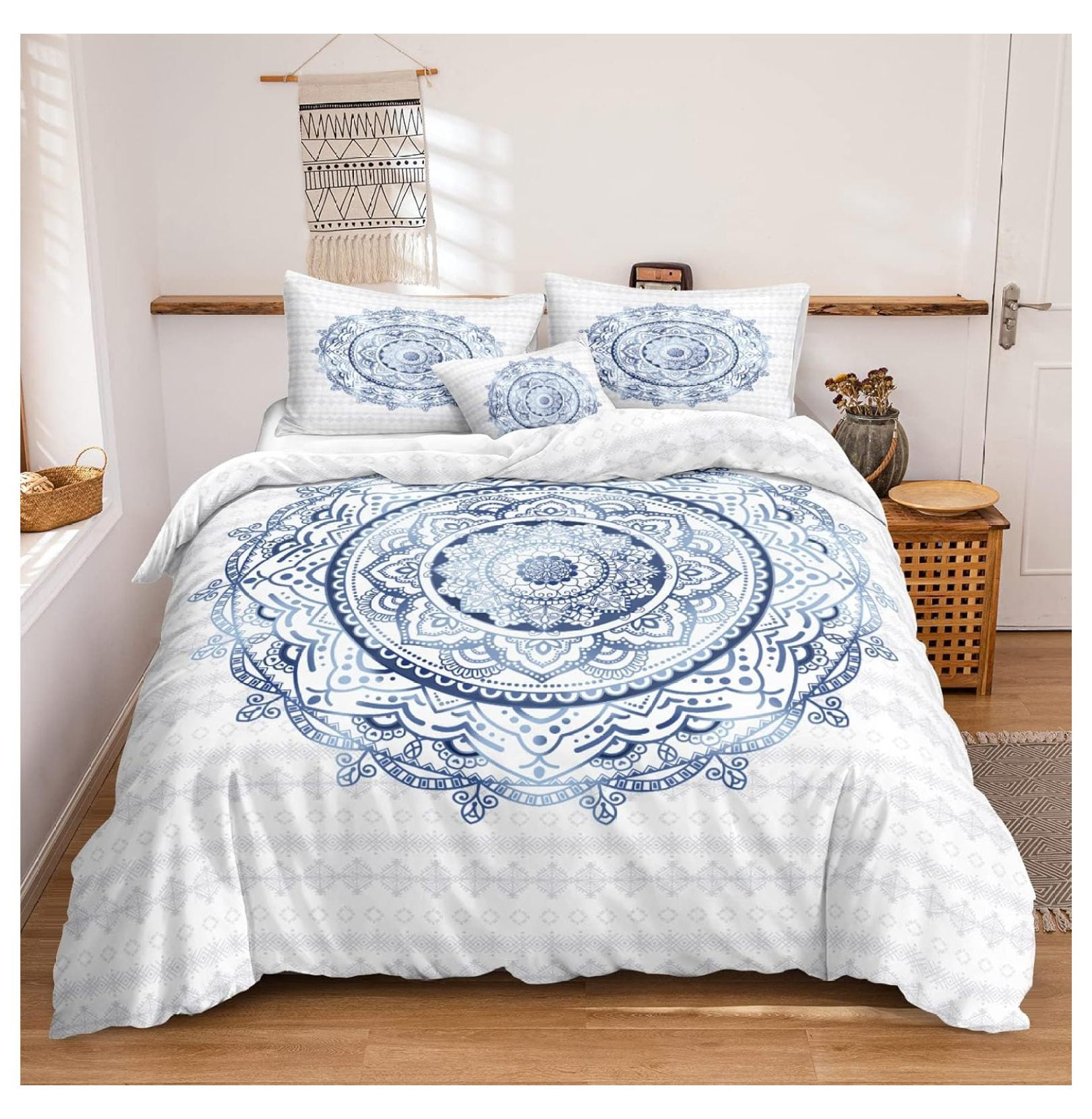 Mandala Bedding Set King Boho Floral Duvet Cover Set White Blue Mandala Flowers Comforter Cover Boho Hippie Bedding Sets 1 Duvet Cover 2 Pillow Cases King Mandala Walmart
