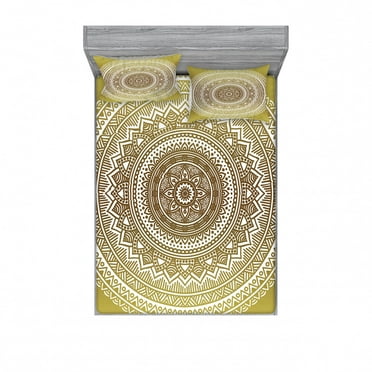 Mandala Bedding Set with Sheet & Covers, Ombre Mandala Flower Pattern Queen Inspired Prints Hippie Design, Printed Bedroom Decor 2 Shams, 4 Sizes, Mustard and White, by Ambesonne