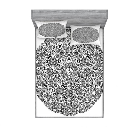 Mandala Bedding Set with Sheet & Covers, Rounded Art Motif with Symmetrical Flower Petal Features Print, Printed Bedroom Decor 2 Shams, 4 Sizes, White and Black, by Ambesonne