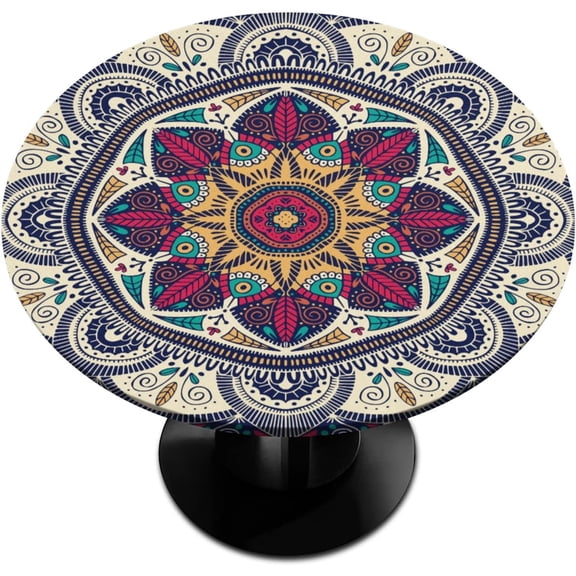 Mandala Bohemia Round Fitted Tablecloth Round Cloth Cover, Waterproof Wrinkle Table Cloth with Elastic Edged, Home Decorative for Dining Room Kitchen Table Cover,40-44Inch