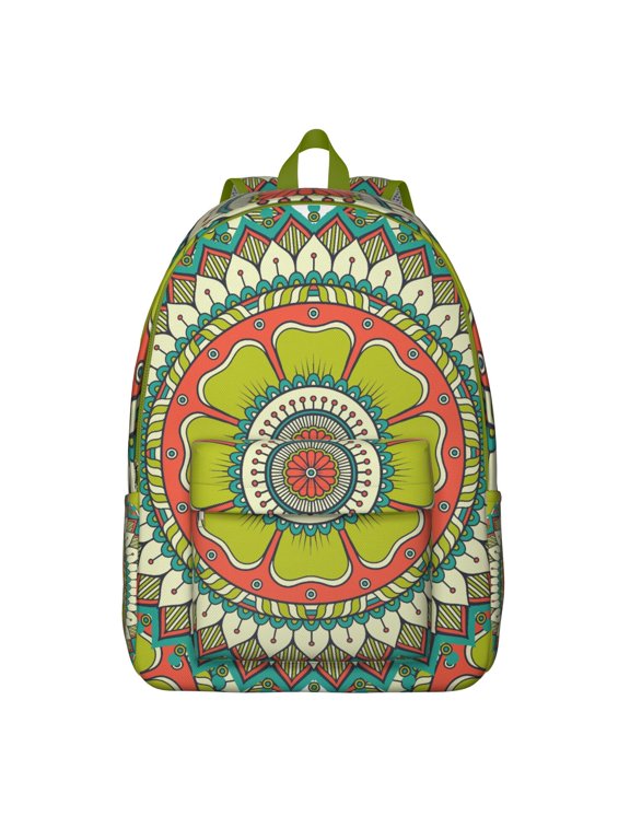 Mandala Bohemian Ethnic Style School Backpack for Women, Vintage Canvas Daypack with Colorful Trippy Geometric Mandala Print, Lightweight Artistic Meditation Travel Bag