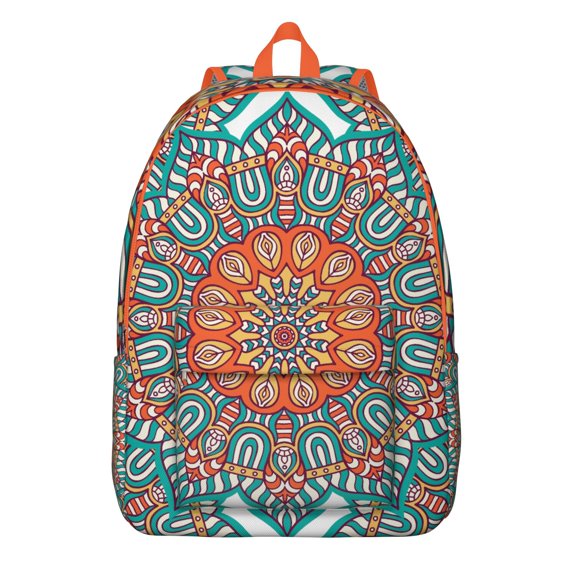 Mandala Bohemian Ethnic Style School Backpack for Women, Vintage Canvas Daypack with Colorful Trippy Geometric Mandala Print, Lightweight Artistic Meditation Travel Bag