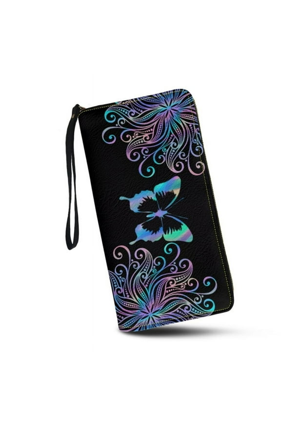 Mandala Butterfly Gift Cute Wristlet Wallet for Womens PU Leather Zip Around Purse RFID Blocking Card Holder Clutch Bag