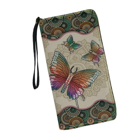 Mandala Butterfly Wristlet Clutch Cell Ph Wallet for Women PU Leather Card Holder Multi Card Organizer Wallets Purse