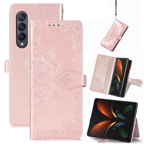 Mandala Case for Galaxy Z Fold 4, Premium Leather Flip Wallet Card Slots Magnetic Stand Protective Ultra Slim Shockproof Case with Lanyard, Embossed Flip Cover For Samsung Galaxy Z Fold 4,
Rosegold