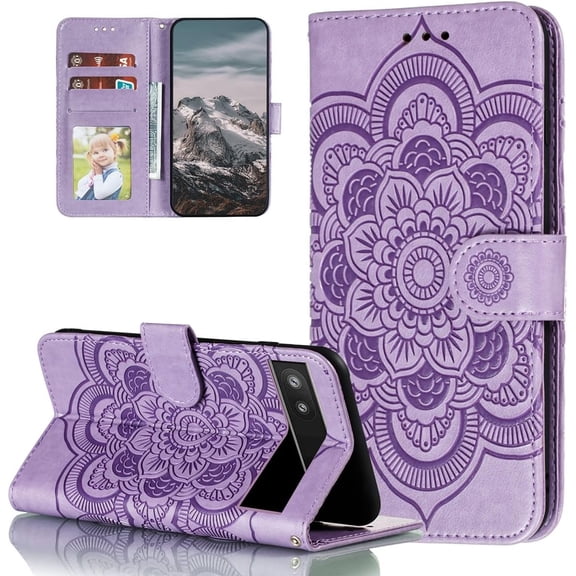 Mandala Case for Google Pixel 6, Premium Leather Flip Wallet Card Slots Magnetic Stand Protective Cover Ultra Slim Case with Lanyard, Embossed Flip Cover-Purple