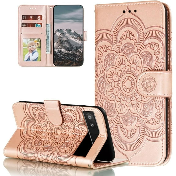 Mandala Case for Google Pixel 6, Premium Leather Flip Wallet Card Slots Magnetic Stand Protective Cover Ultra Slim Case with Lanyard, Embossed Flip Cover-Rose Gold