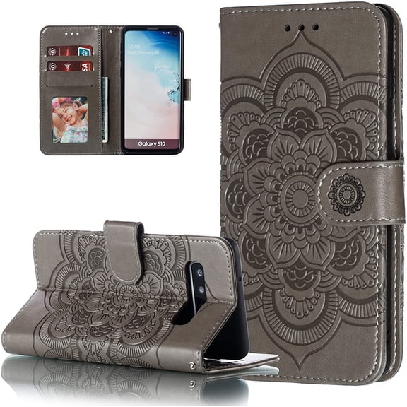 Mandala Case for Google Pixel 6 Pro, Premium Leather Flip Wallet Card Slots Magnetic Stand Protective Cover Ultra Slim Case with Lanyard, Embossed Flip Cover-Gray