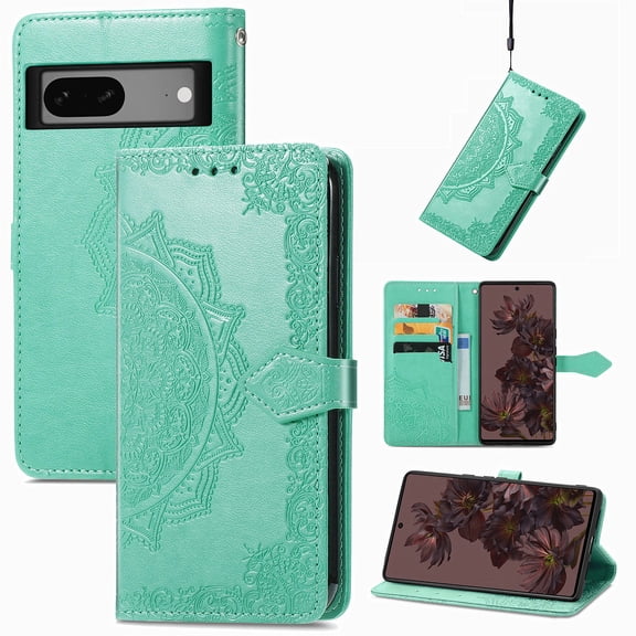 Mandala Case for Google Pixel 7, Premium Leather Flip Wallet Card Slots Magnetic Stand Protective Ultra Slim Shockproof Case with Lanyard, Embossed Flip Cover For Google Pixel 7,
Green
