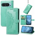 thumbnail image 1 of Mandala Case for Google Pixel 9 Pro XL, Premium Leather Flip RFID Blocking Wallet Card Magnetic Stand Protective Slim Shockproof Case with Lanyard, Embossed Flower Cover,Green, 1 of 5