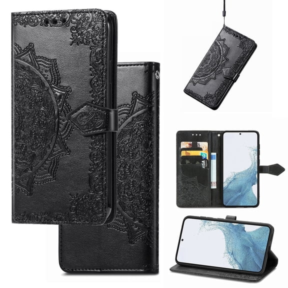 Mandala Case for Google Pixel 9A, Premium Leather Flip RFID Blocking Wallet Card Magnetic Stand Protective Slim Shockproof Case with Lanyard, Embossed Flower Cover,Black