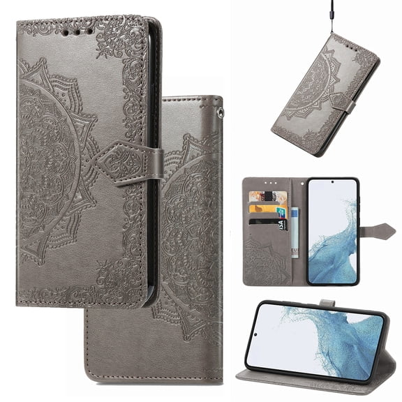 Mandala Case for Google Pixel 9A, Premium Leather Flip RFID Blocking Wallet Card Magnetic Stand Protective Slim Shockproof Case with Lanyard, Embossed Flower Cover,Gray