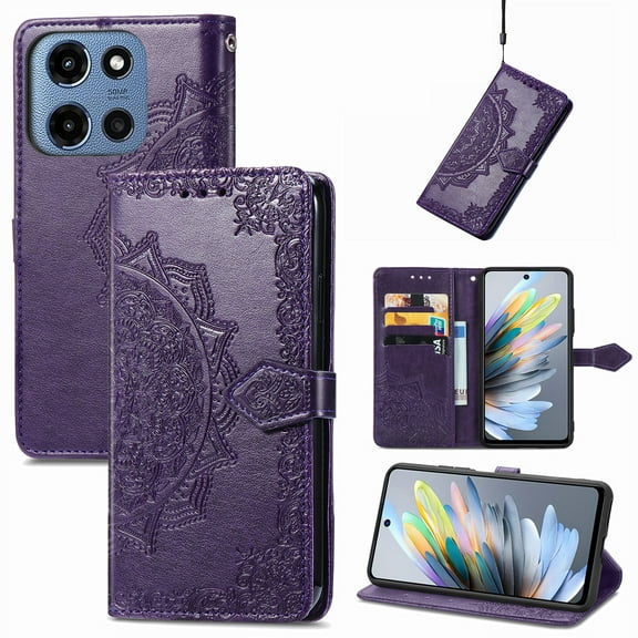 Mandala Case for Moto G 5G(2025), Premium Leather Flip RFID Blocking Wallet Card Magnetic Stand Protective Slim Shockproof Case with Lanyard, Embossed Flower Cover,Purple