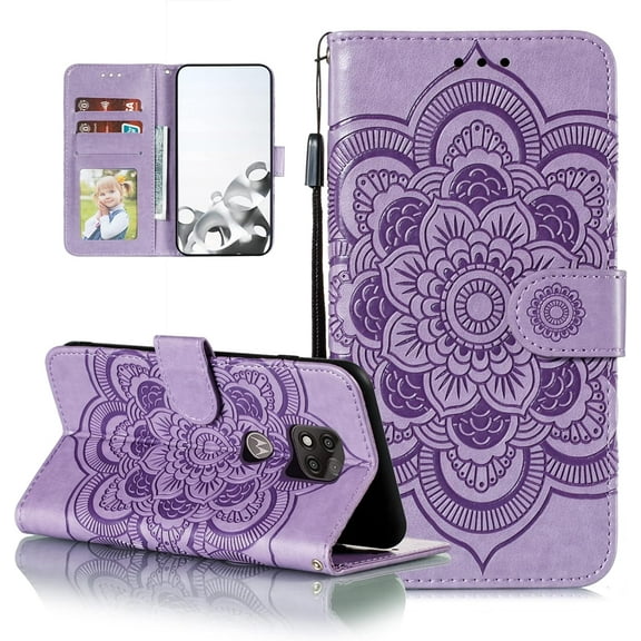 Mandala Case for Moto G Power 2021, Premium Leather Flip Wallet Card Slots Magnetic Stand Protective Ultra Slim Shockproof Case with Lanyard, Embossed Flip Cover - Purple