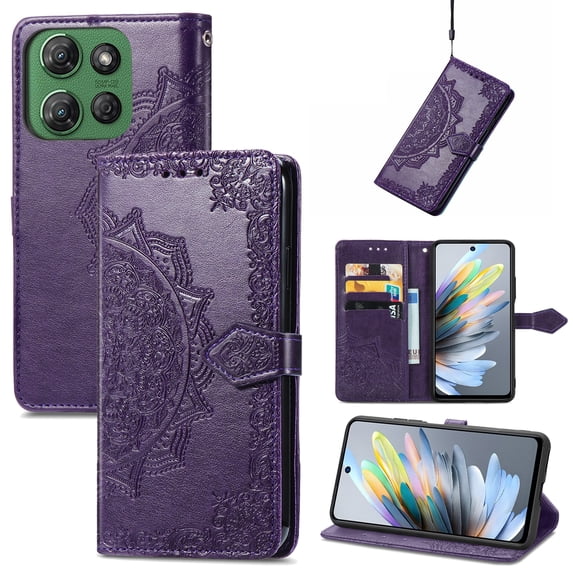 Mandala Case for Moto G Power (2025), Premium Leather Flip RFID Blocking Wallet Card Magnetic Stand Protective Slim Shockproof Case with Lanyard, Embossed Flower Cover,Purple