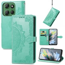 Mandala Case for Moto G Power (2025), Premium Leather Flip RFID Blocking Wallet Card Magnetic Stand Protective Slim Shockproof Case with Lanyard, Embossed Flower Cover,Green