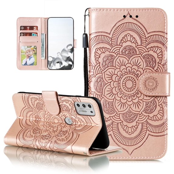 Mandala Case for Moto G Stylus 4G 2021, Premium Leather Flip Wallet Card Slots Magnetic Stand Protective Ultra Slim Shockproof Case with Lanyard, Embossed Flip Cover - Rose Gold