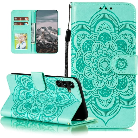 Mandala Case for Samsung Galaxy A54 5G, Premium Leather Flip Wallet Card Slots Magnetic Stand Protective Ultra Slim Shockproof Case with Lanyard, Embossed Flip Cover - Green