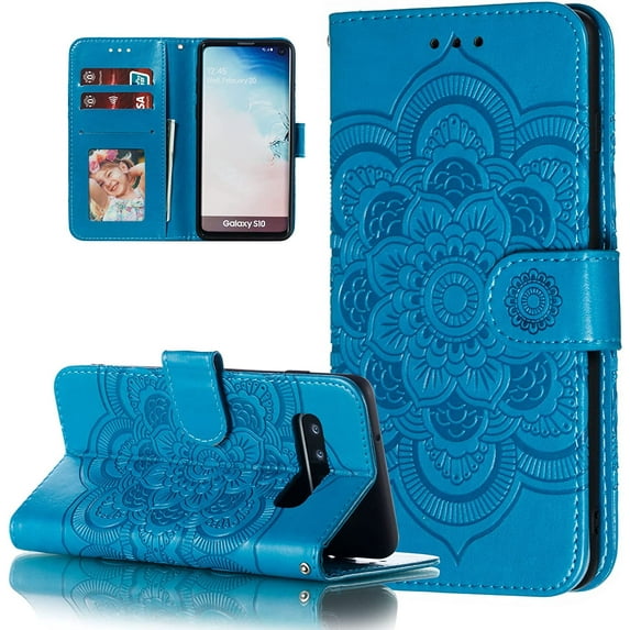 Mandala Case for Samsung Galaxy S10 Plus, Premium Leather Flip Wallet Card Slots Magnetic Stand Protective Cover Ultra Slim Case with Lanyard, Embossed Flip Cover-Blue