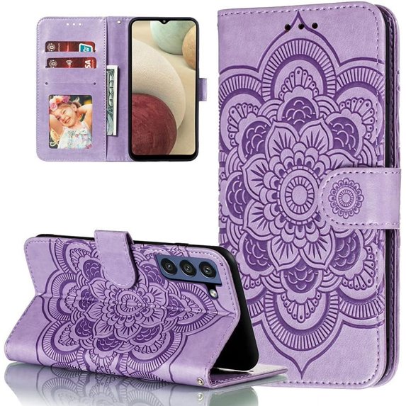 Mandala Case for Samsung Galaxy S23 5G, Premium Leather Flip Wallet Card Slots Magnetic Stand Protective Ultra Slim Shockproof Case with Lanyard, Embossed Flip Cover - Purple