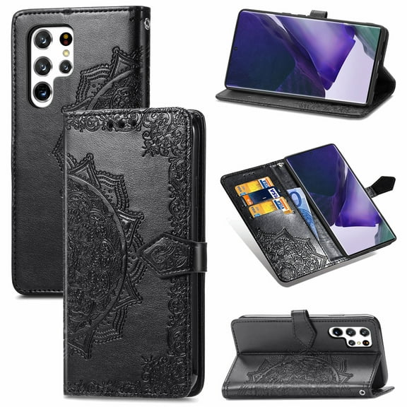 Mandala Case for Samsung Galaxy S25 Ultra, Premium Leather Flip RFID Blocking Wallet Card Magnetic Stand Protective Slim Shockproof Case with Lanyard, Embossed Flower Cover,Black