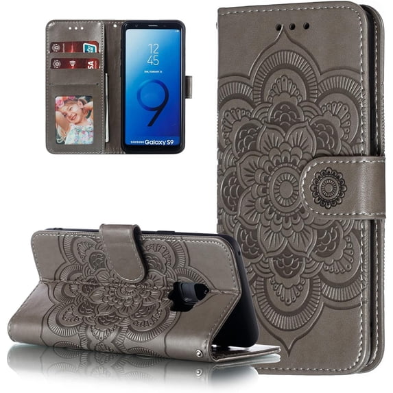 Mandala Case for Samsung Galaxy S9 Plus, Premium Leather Flip Wallet Card Slots Magnetic Stand Protective Cover Ultra Slim Case with Lanyard, Embossed Flip Cover-Gray