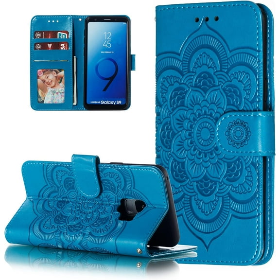 Mandala Case for Samsung Galaxy S9, Premium Leather Flip Wallet Card Slots Magnetic Stand Protective Cover Ultra Slim Case with Lanyard, Embossed Flip Cover-Blue