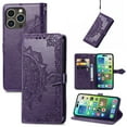 thumbnail image 1 of Mandala Case for iPhone 16 Pro, Premium Leather Flip RFID Blocking Wallet Card Magnetic Stand Protective Slim Shockproof Case with Lanyard, Embossed Flower Cover,Purple, 1 of 7